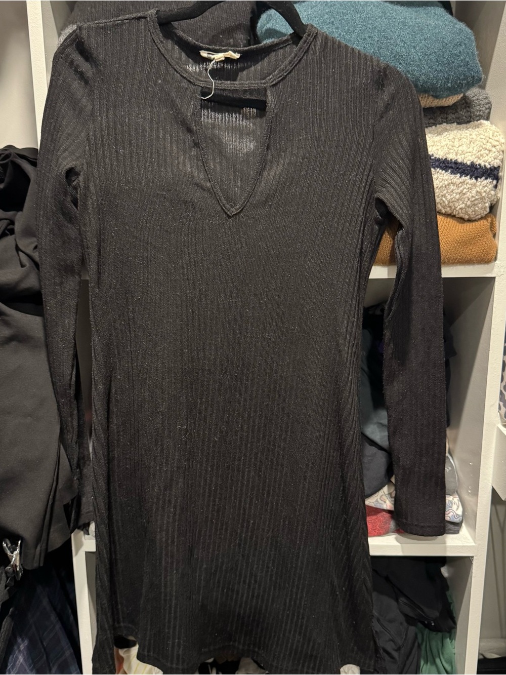 Lira Black Ribbed Long Sleeve V-Neck Dress